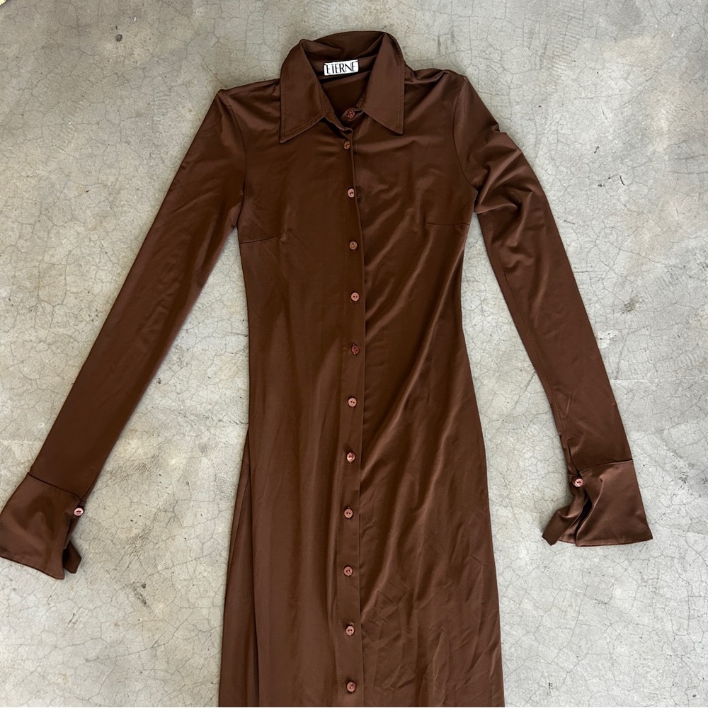 Eterne Brown Long-Sleeve Maxi Shirt Dress